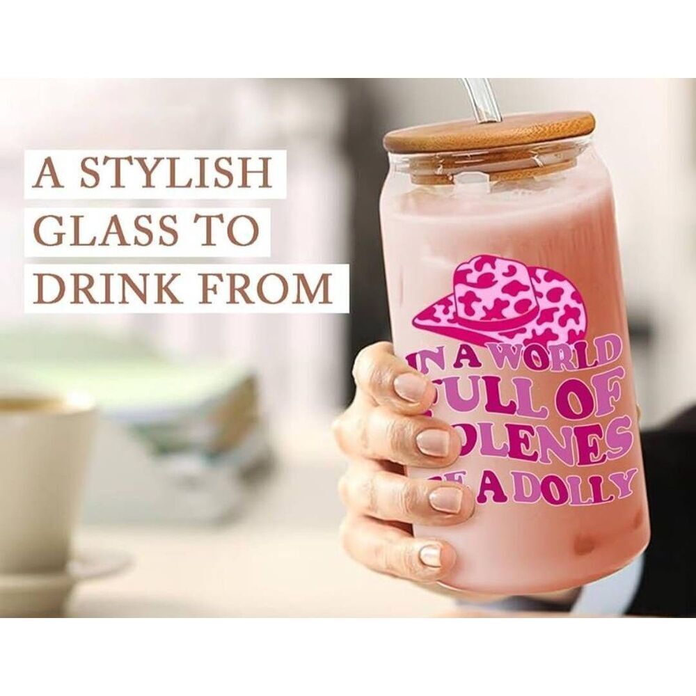 NIB Western Gifts for Women Hot Pink Cute Glass Cups with Lids and Straws, 16 Oz